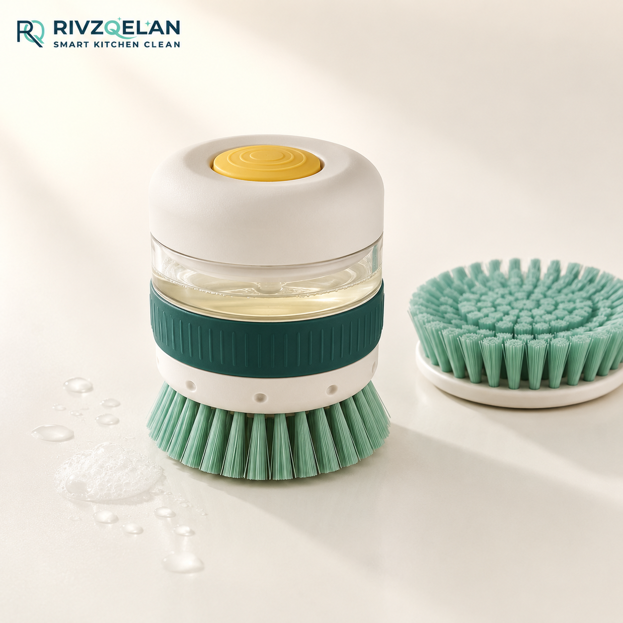 RIVZQELAN PALMPRESS Refillable Soap Dispensing Palm Dish Brush, Press-to-Dispense Handheld Scrubber with Built-In Reservoir for Plates, Bowls and Cookware
