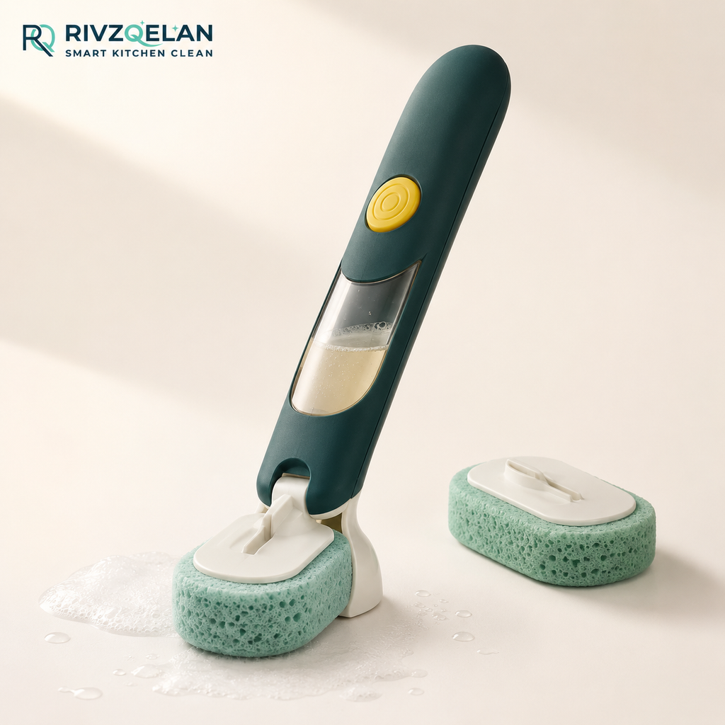 RIVZQELAN WANDPRESS Soap Dispensing Sponge Wand, Refillable Long-Handle Dish Scrubber with Built-In Soap Reservoir for Plates, Bowls, Glassware and Cookware