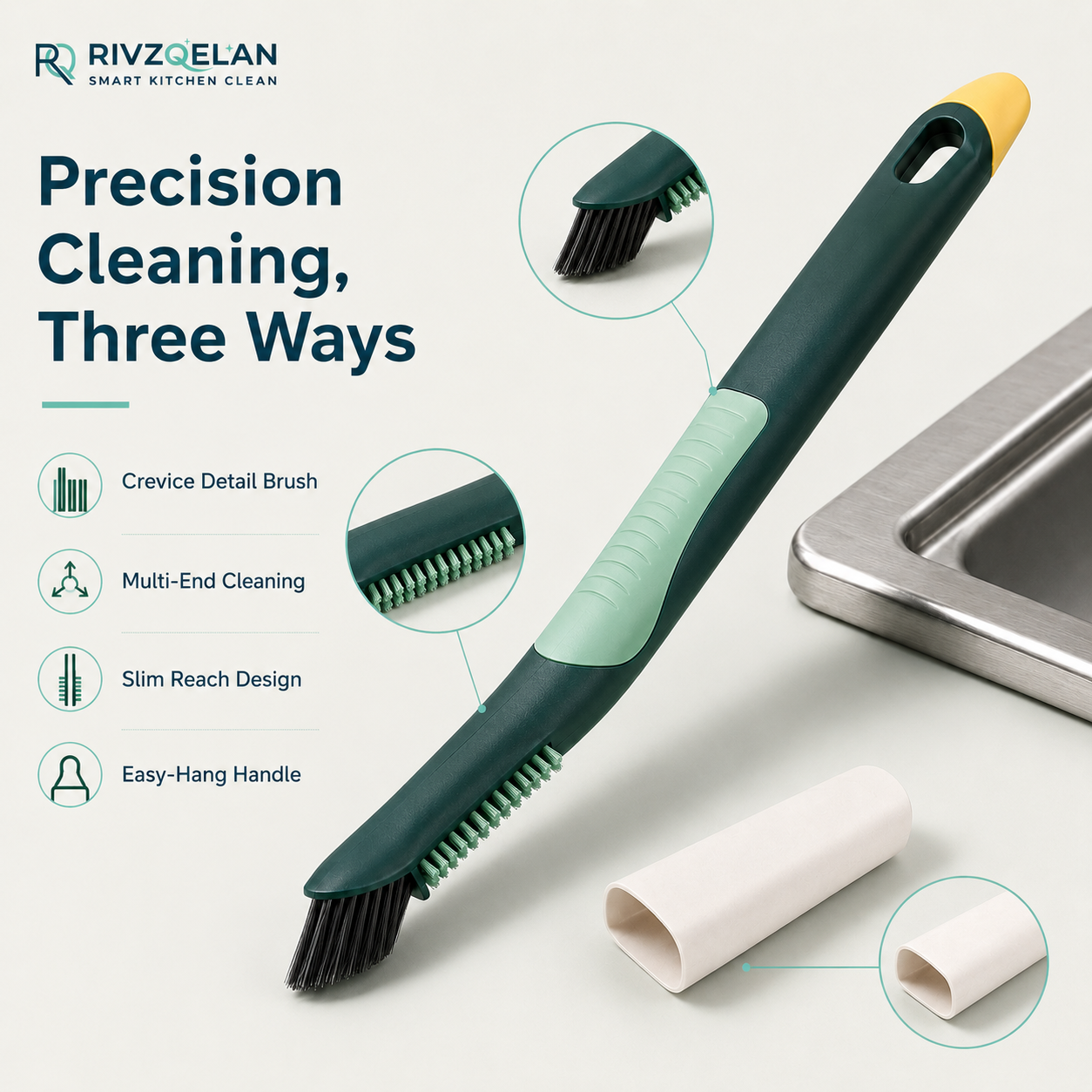 RIVZQELAN EDGEKEY 3-in-1 Kitchen Crevice Cleaning Brush, Multi-End Detail Scrubber for Sink Edges, Countertop Gaps, Stove Seams and Hard-to-Reach Areas