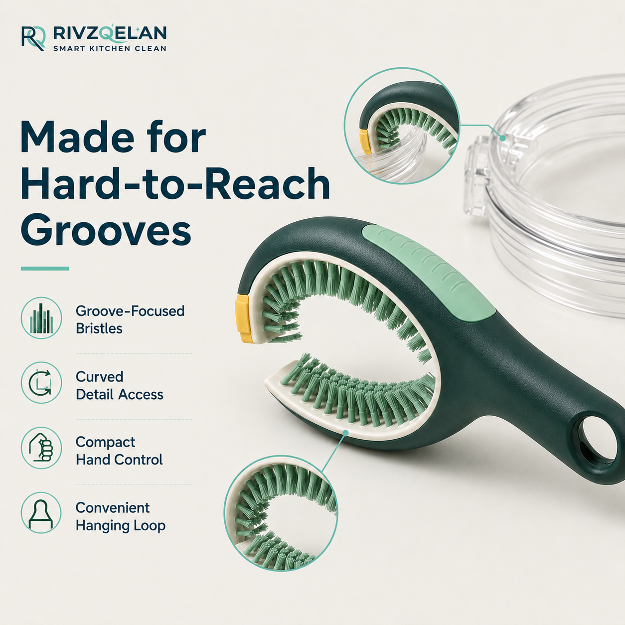 RIVZQELAN RINGLOOP Bottle Cap and Lid Groove Cleaning Brush, Compact Detail Scrubber for Cup Lids, Container Grooves, Threaded Caps and Narrow Rims