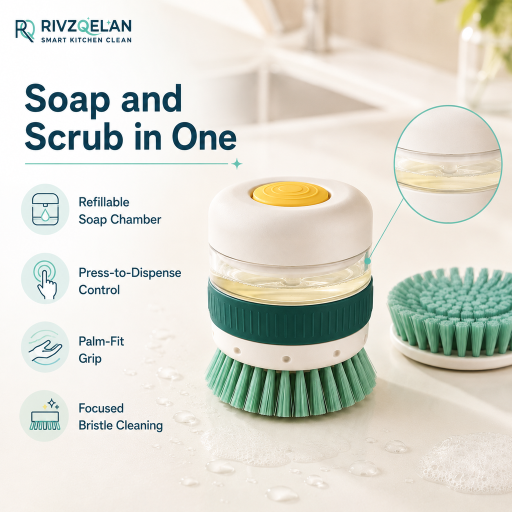 RIVZQELAN PALMPRESS Refillable Soap Dispensing Palm Dish Brush, Press-to-Dispense Handheld Scrubber with Built-In Reservoir for Plates, Bowls and Cookware