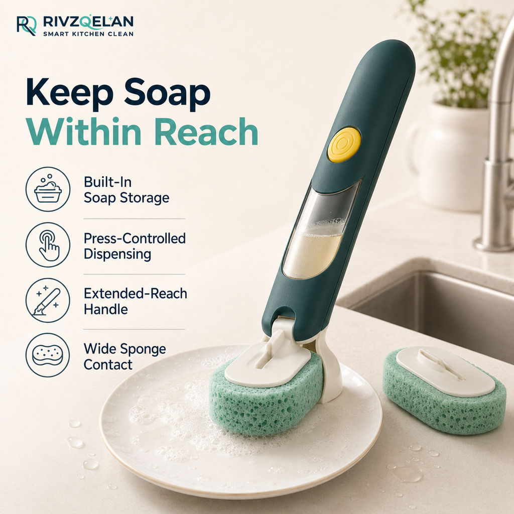 RIVZQELAN WANDPRESS Soap Dispensing Sponge Wand, Refillable Long-Handle Dish Scrubber with Built-In Soap Reservoir for Plates, Bowls, Glassware and Cookware